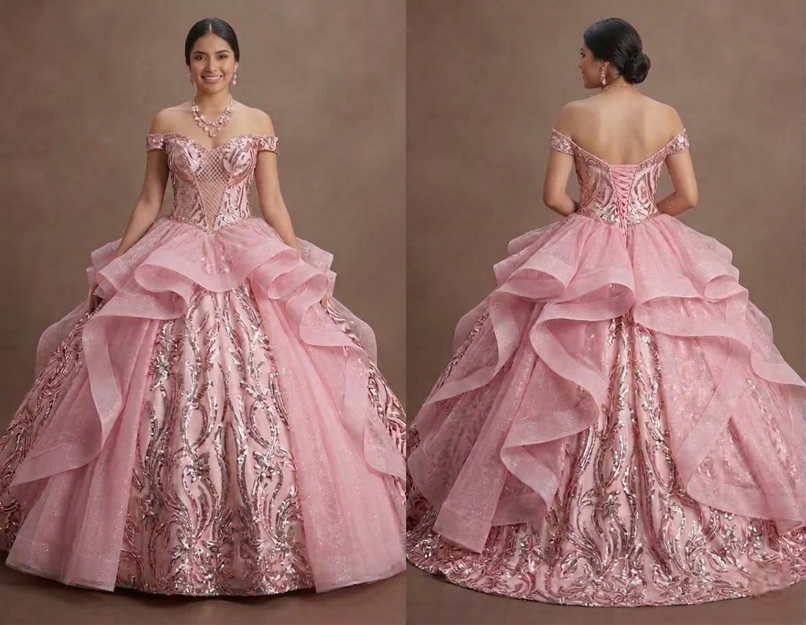 Pink Quinceañera Dress Glitzy Sequin Fabric for 2026