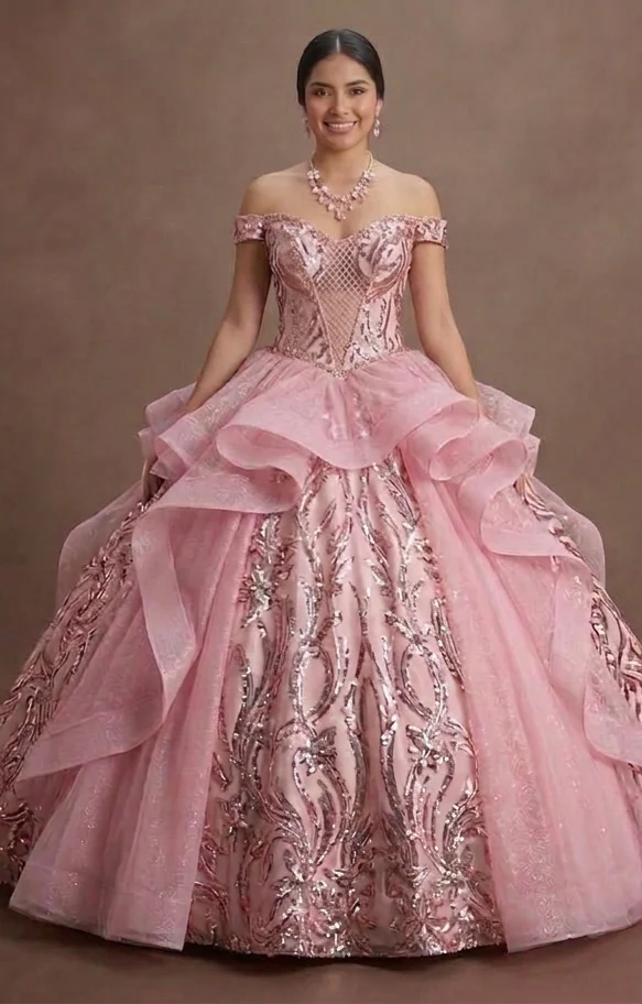 Pink Quinceañera Dress Glitzy Sequin Fabric for 2026 - Image 2