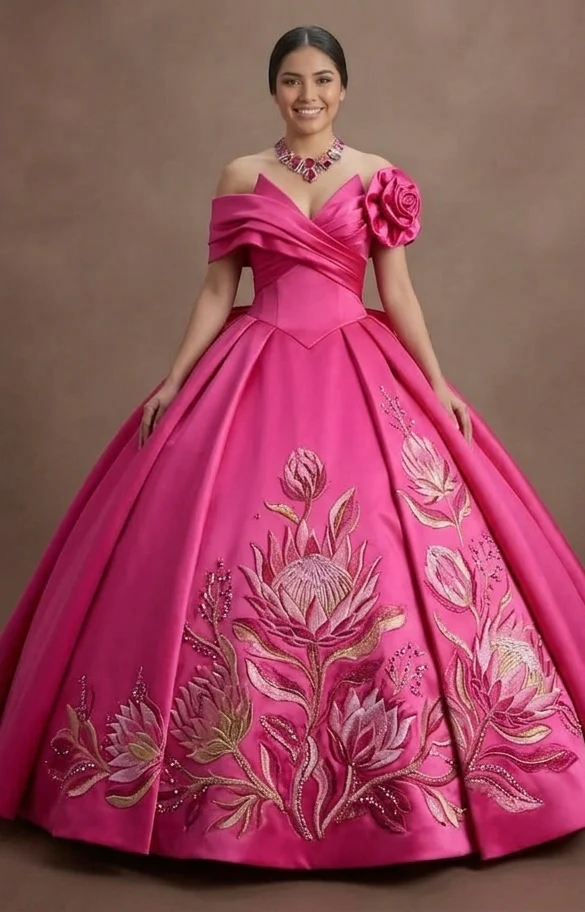 Pink Quinceañera Dress - Hot Pink Satin Bold Ball Gown - Image 2