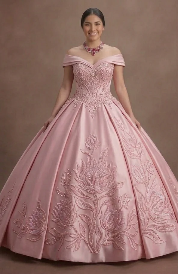 Pink Quinceañera Dress - Princess Style Beaded Satin - Image 2