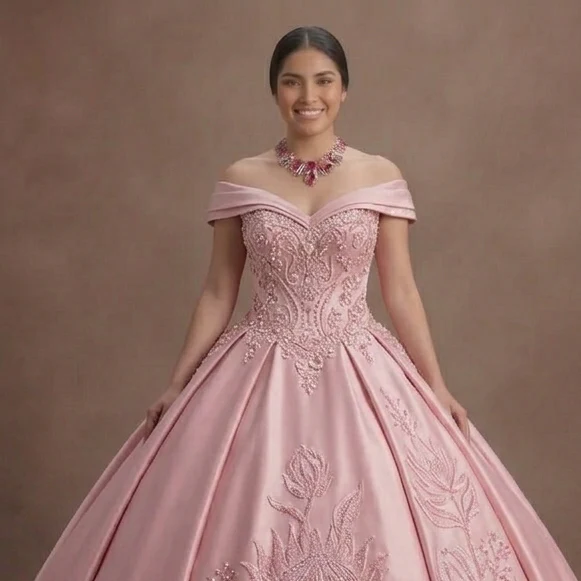 Pink Quinceañera Dress - Princess Style Beaded Satin - Image 4
