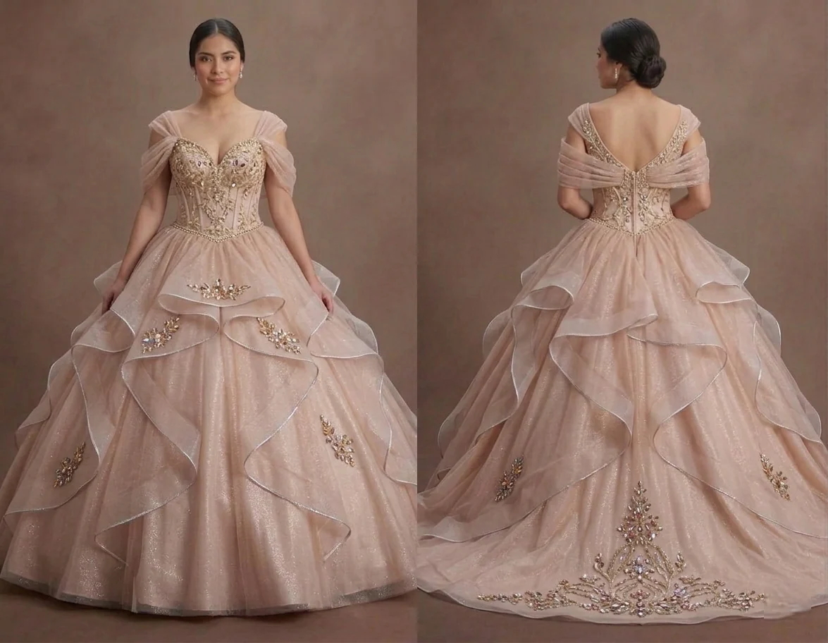 Pink Quinceañera Dress - Shimmering Champagne-Pink Tulle