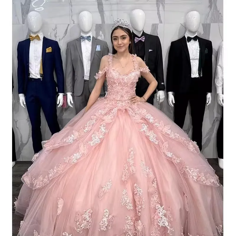 Pink Quinceanera Dresses Off-Shoulder Beaded Flowers Appliques Vestidos De 15 Anos Formal Prom Birthday Party Gown - Image 3
