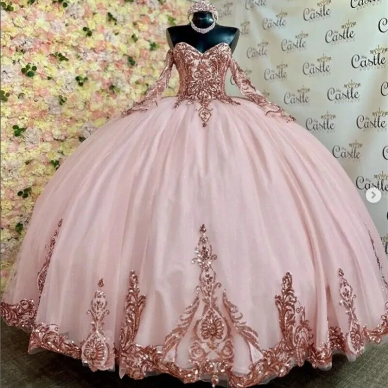Pink Quinceanera Dresses Rose Gold Sequin Applique Formal Birthday Party Prom Ball Gown Vestidos De 15 Anos Corset - Image 3