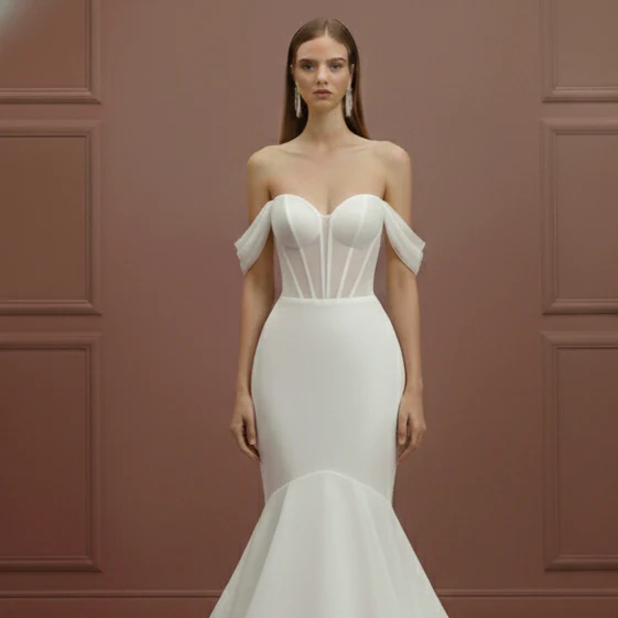 Off Shoulder Sleeve Wedding Dress Long Elegant Satin Gown - Image 4
