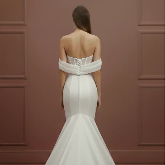 Off Shoulder Sleeve Wedding Dress Long Elegant Satin Gown - Image 5