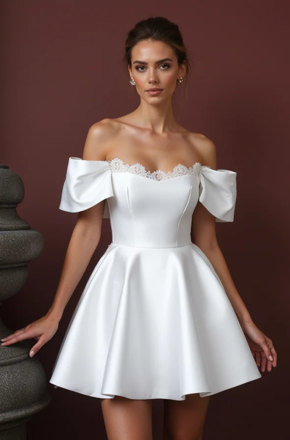 Playful Short Wedding Dress and Mini Dress with a Ruffled Neckline for a Unique Style - Image 2