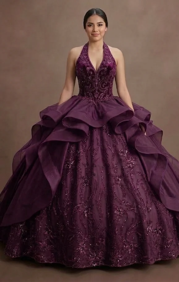 Plum Purple Quinceañera Dress with Velvet Bodice - Image 2