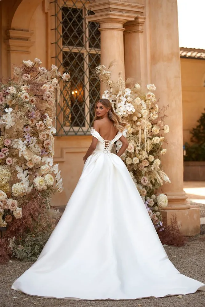 Off-Shoulders Ivory Mermaid Modern Satin Vestido De Novia Satin Princess Gown Wedding Dress Bow Court Train Dress - Image 2