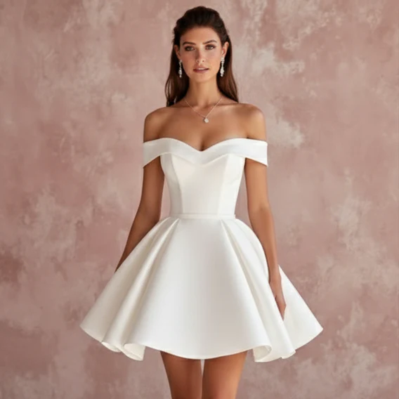 Short Satin Ball Gown Wedding Dress Off the Shoulder Reception - Image 4