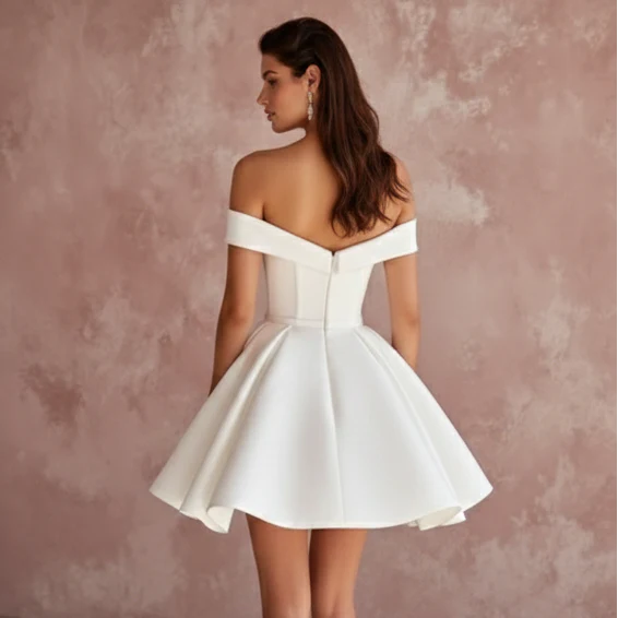 Short Satin Ball Gown Wedding Dress Off the Shoulder Reception - Image 5