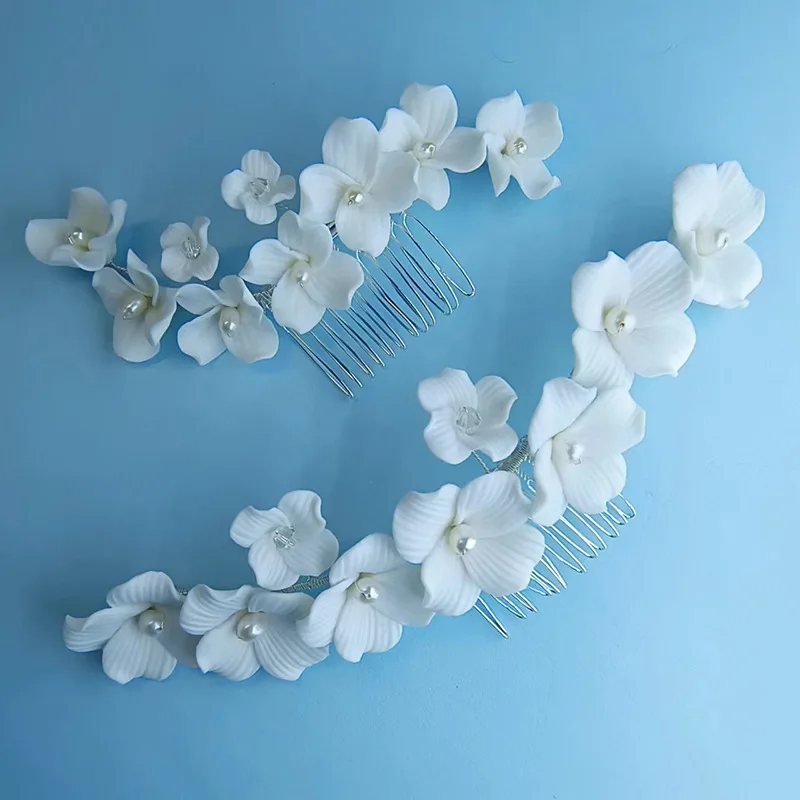 Porcelain Flower Hair Comb Clip Pin Pearl Hairpin For Brides Party Gift Floral Head Pieces Wedding Accessories Bridal Jewelry
