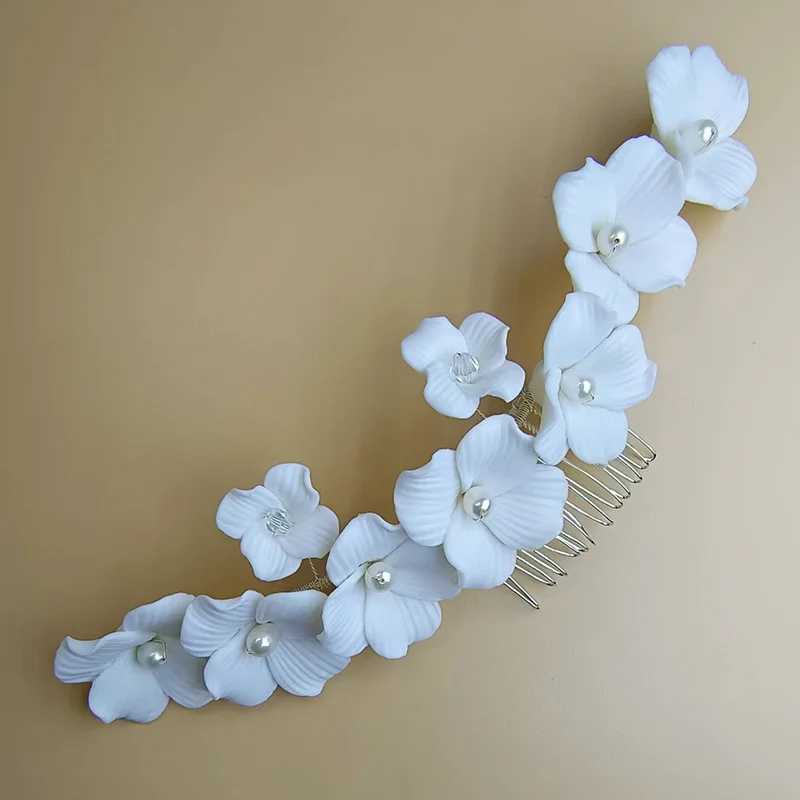 Porcelain Flower Hair Comb Clip Pin Pearl Hairpin For Brides Party Gift Floral Head Pieces Wedding Accessories Bridal Jewelry - Image 3