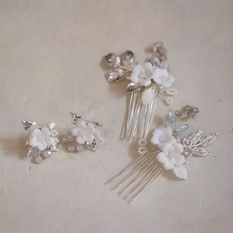 Porcelain Flower Hair Comb Pin Clip Leaf Head Piece For Brides Bridesmaids Crystal Hairpins Wedding Accessories Bridal Jewelry - Image 4
