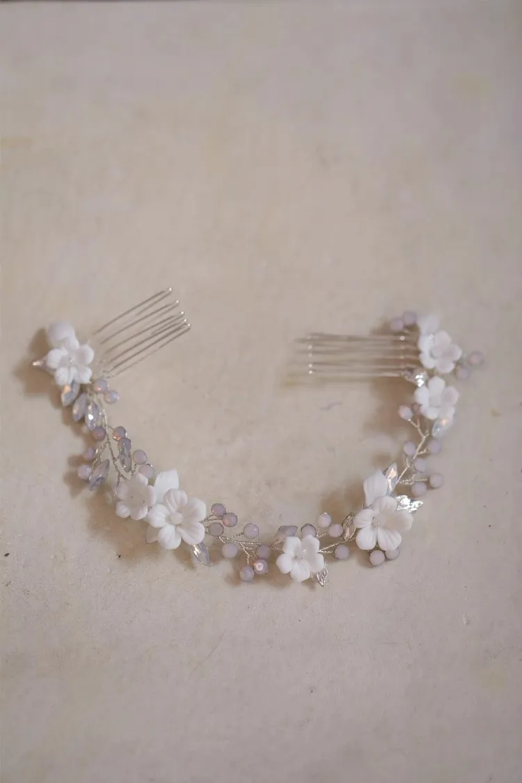Porcelain Flower Hair Comb Pin Clip Leaf Head Piece For Brides Bridesmaids Crystal Hairpins Wedding Accessories Bridal Jewelry - Image 5