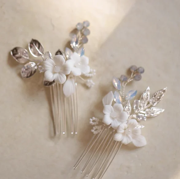 Porcelain Flower Hair Comb Pin Clip Leaf Head Piece For Brides Bridesmaids Crystal Hairpins Wedding Accessories Bridal Jewelry - Image 7