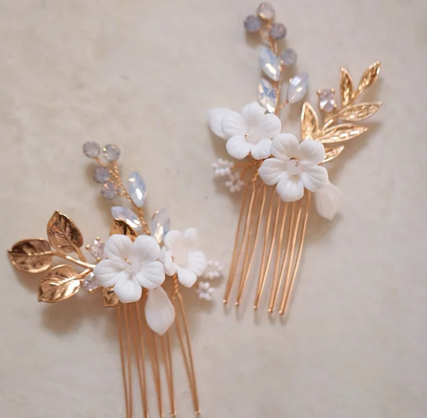 Porcelain Flower Hair Comb Pin Clip Leaf Head Piece For Brides Bridesmaids Crystal Hairpins Wedding Accessories Bridal Jewelry - Image 8