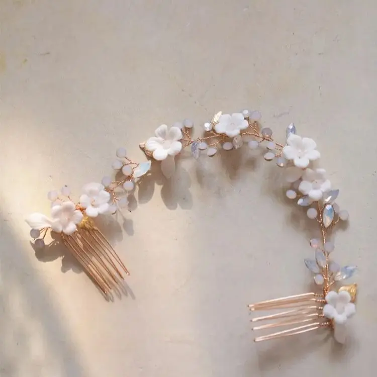 Porcelain Flower Hair Comb Pin Clip Leaf Head Piece For Brides Bridesmaids Crystal Hairpins Wedding Accessories Bridal Jewelry - Image 9