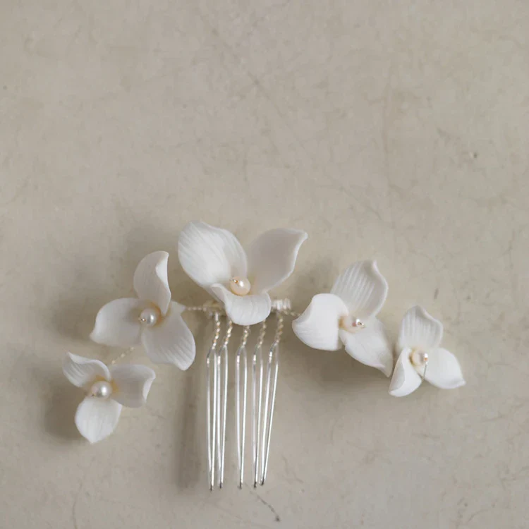 Porcelain Flower Hair Comb Pin Clip Silver Color Head Piece Brides Party Gift Flower Hairpins Wedding Accessories Bridal Jewelry - Image 5
