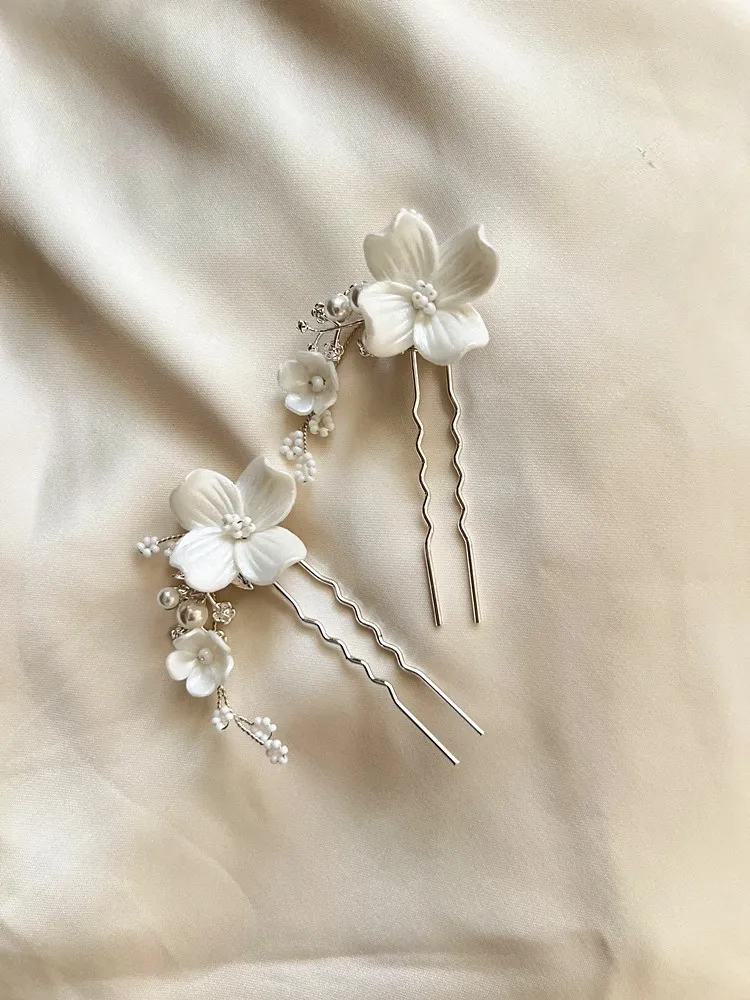 Porcelain Flower Hair Pin Clip Silver Color Head Piece For Brides Bridesmaids Leaf Hairpin Bridal Jewelry Wedding Accessories - Image 4