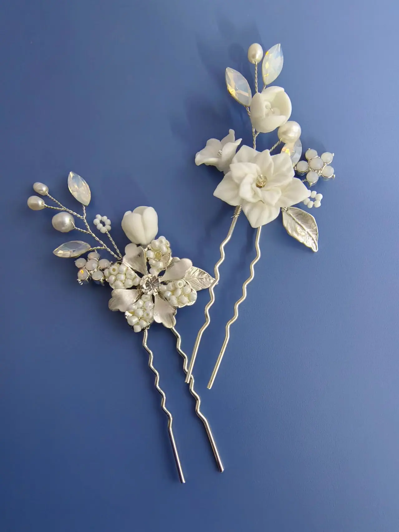 Porcelain Flower Hair Pin Clip Silver Color Head Piece For Brides Women Pearl Opal Hairpins Wedding Accessories Bridal Jewelry - Image 3