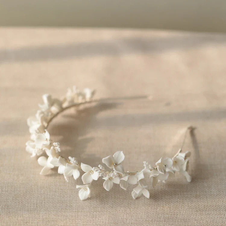 Porcelain Flower Headband Hairband For Bride Silver Color Headpiece Headdress Headwear Bridal Jewelry Wedding Hair Accessories - Image 3