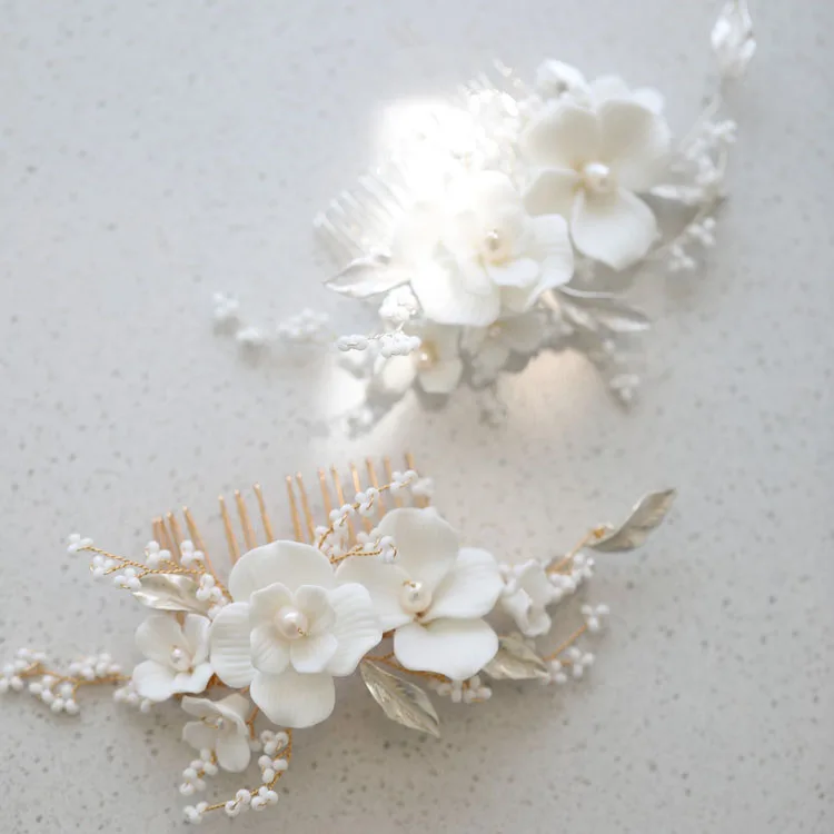 Porcelain Flower Leaf Hair Combs Clips Pearls Beaded Hairpins For Brides Women Headpieces Bridal Jewelry Wedding Accessories - Image 2