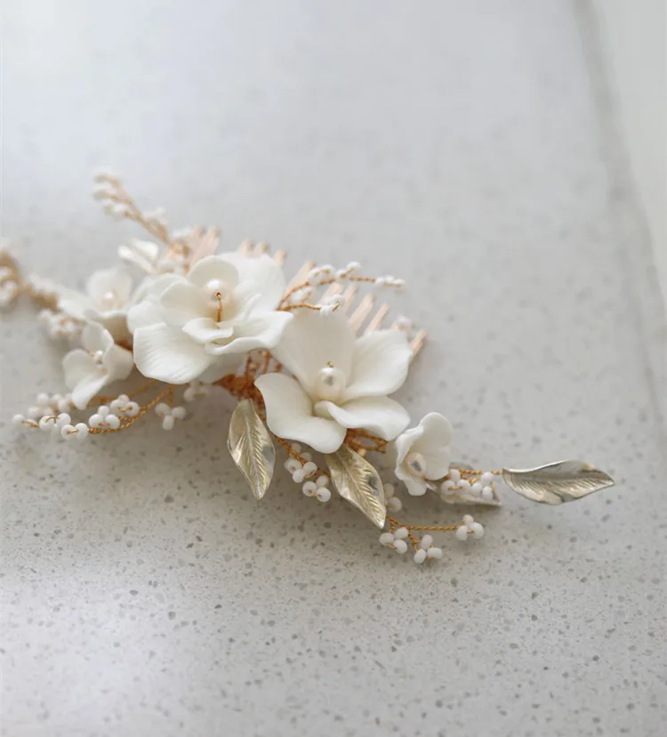 Porcelain Flower Leaf Hair Combs Clips Pearls Beaded Hairpins For Brides Women Headpieces Bridal Jewelry Wedding Accessories - Image 5