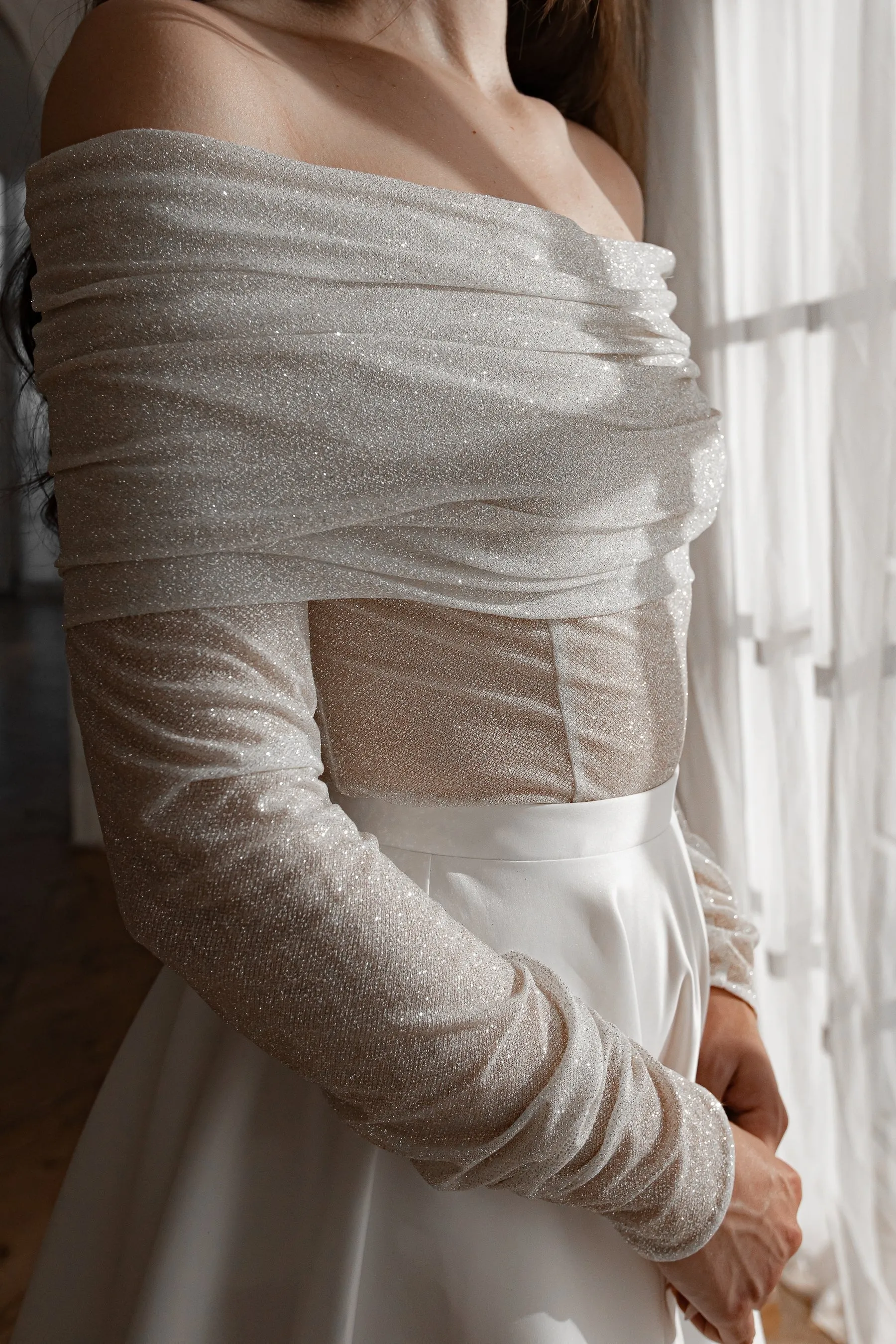 Platinum Glitter with Long Sleeves Wedding Dress Princess Skirt Court Train Dress Bridal Gown Simple Satin Vestido De Novia Mermaid Bow - Image 3