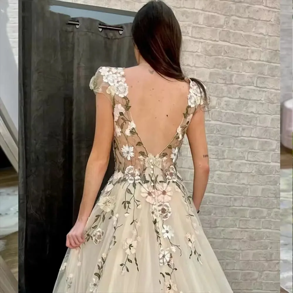 Princess Flower Lace A-line Prom Dresses Sweet Embroidery A-line Evening Dress Light Champagne Vestidos De Fiesta - Image 4
