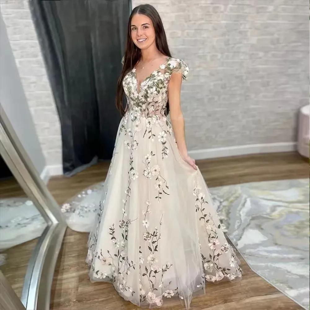 Princess Flower Lace A-line Prom Dresses Sweet Embroidery A-line Evening Dress Light Champagne Vestidos De Fiesta - Image 5