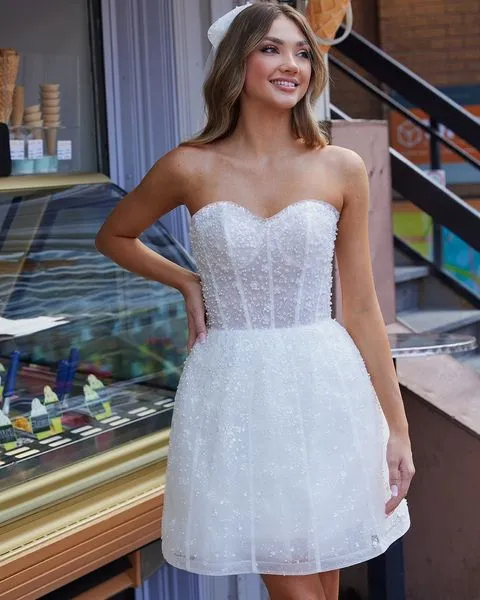 Princess Pearls 3D Flowers Short Wedding Dresses With Removable Puff Long Sleeves Sweetheart Bridal Gowns Boho Prom Dress - Image 3