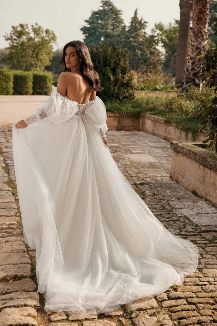 Puff Sleeve High Split Wedding Dresses Sweetheart Tulle Robe De Mariée A-line Backless Bridal Party For Women - Image 2