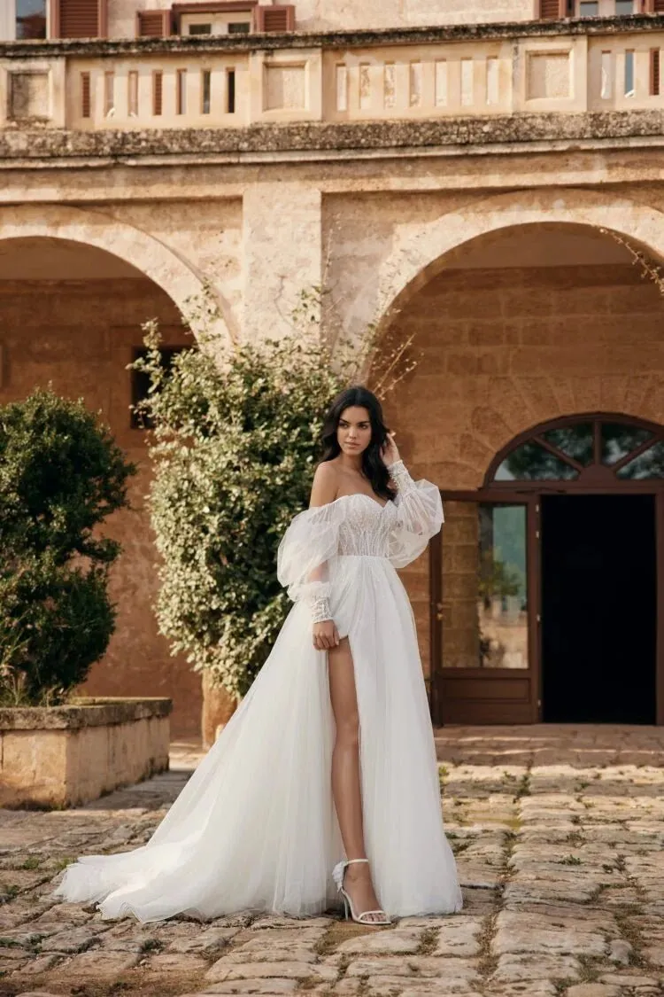 Puff Sleeve High Split Wedding Dresses Sweetheart Tulle Robe De Mariée A-line Backless Bridal Party For Women - Image 3