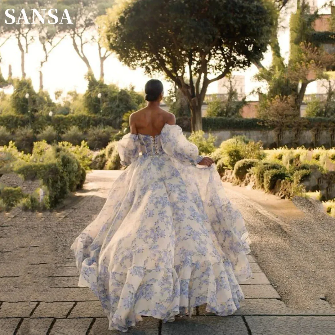 Puffy Sleeve Printing A-line فساتين السهرة Sweet Blue Organza Vestidos De Noche Romantic Strapless Long Tail Prom Dresses - Image 2