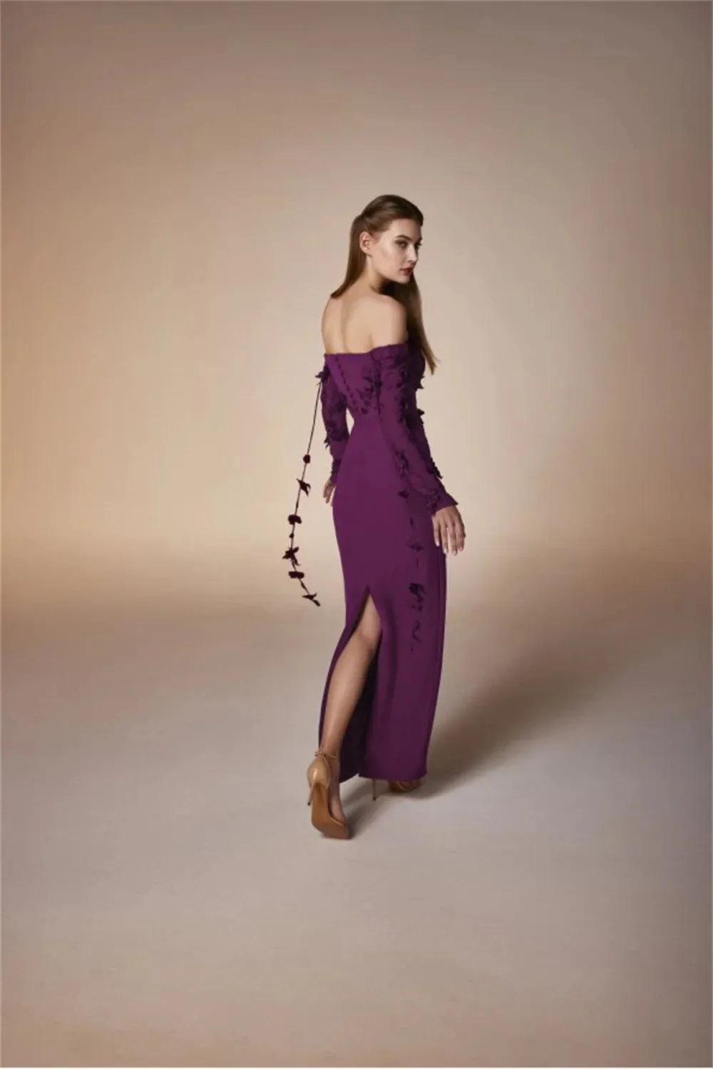 Purple Off Shoulder Prom Dresses 3D Flowers Lace Floor-Length Mermaid Long Sleeves Wedding Dress - Image 3