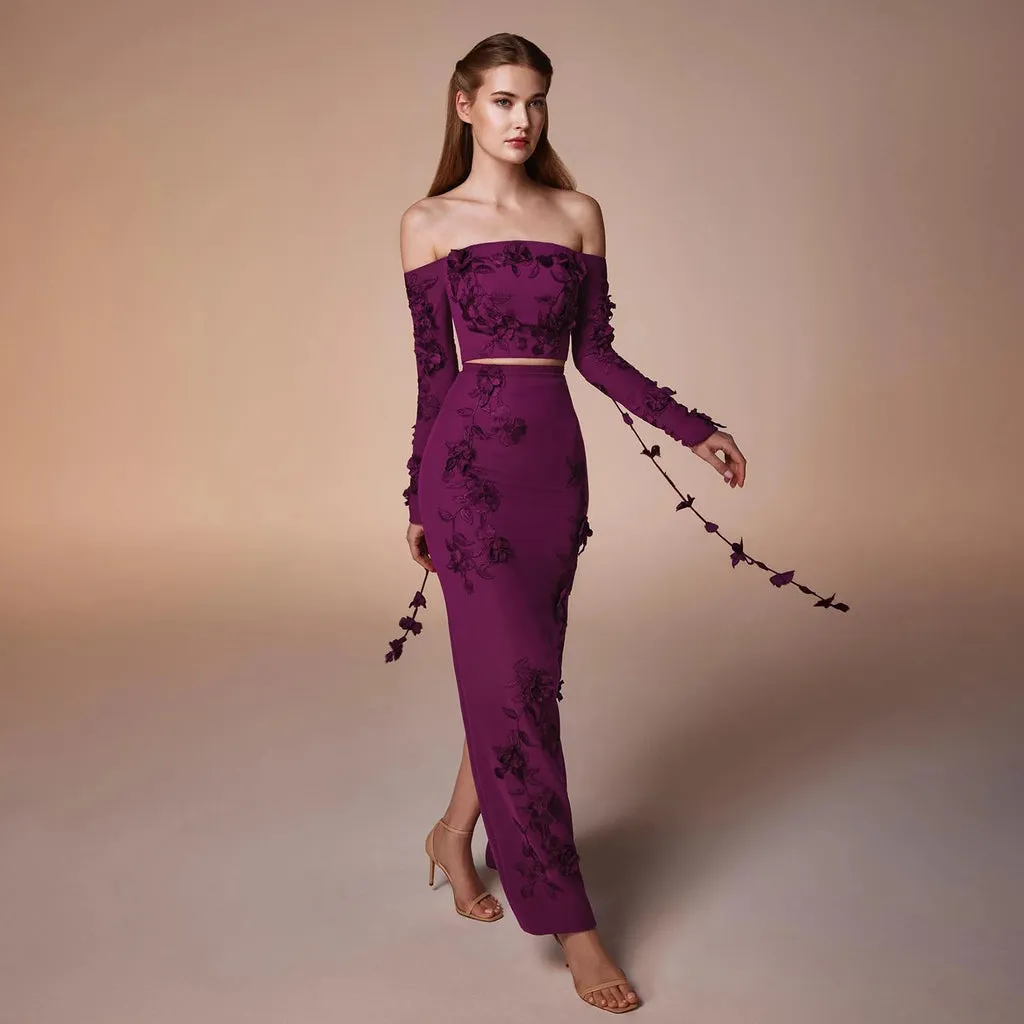 Purple Off Shoulder Prom Dresses 3D Flowers Lace Floor-Length Mermaid Long Sleeves Wedding Dress - Image 4