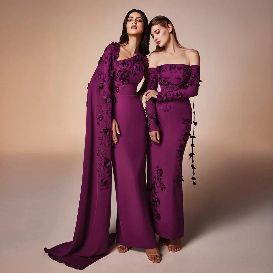 Purple Off Shoulder Prom Dresses 3D Flowers Lace Floor-Length Mermaid Long Sleeves Wedding Dress - Image 5
