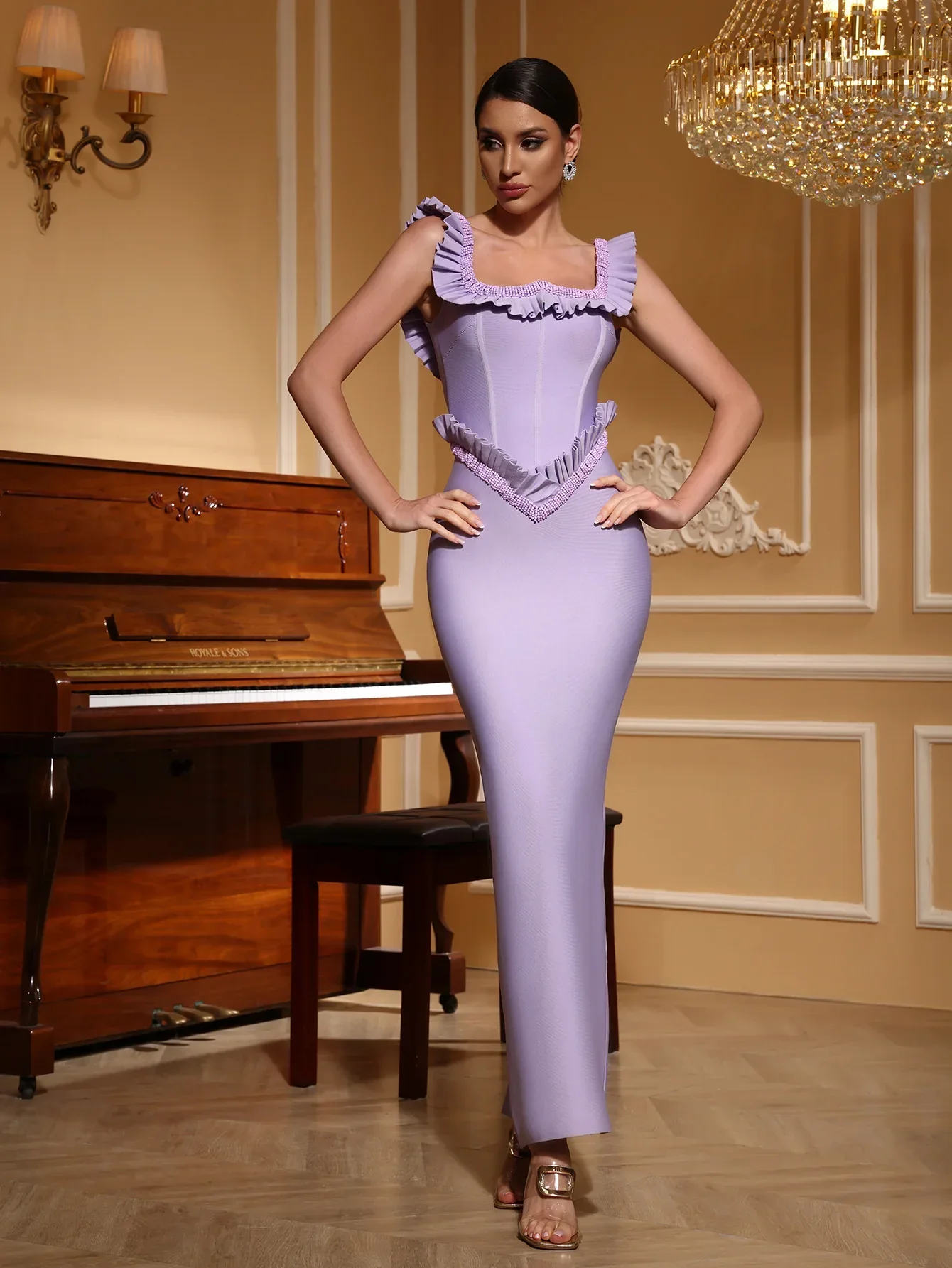 Purple Color Women Sleeveless Sexy Square Collar Ruffles Bodycon Long Bandage Dress Elegant Evening Party Cocktail Outfit - Image 2