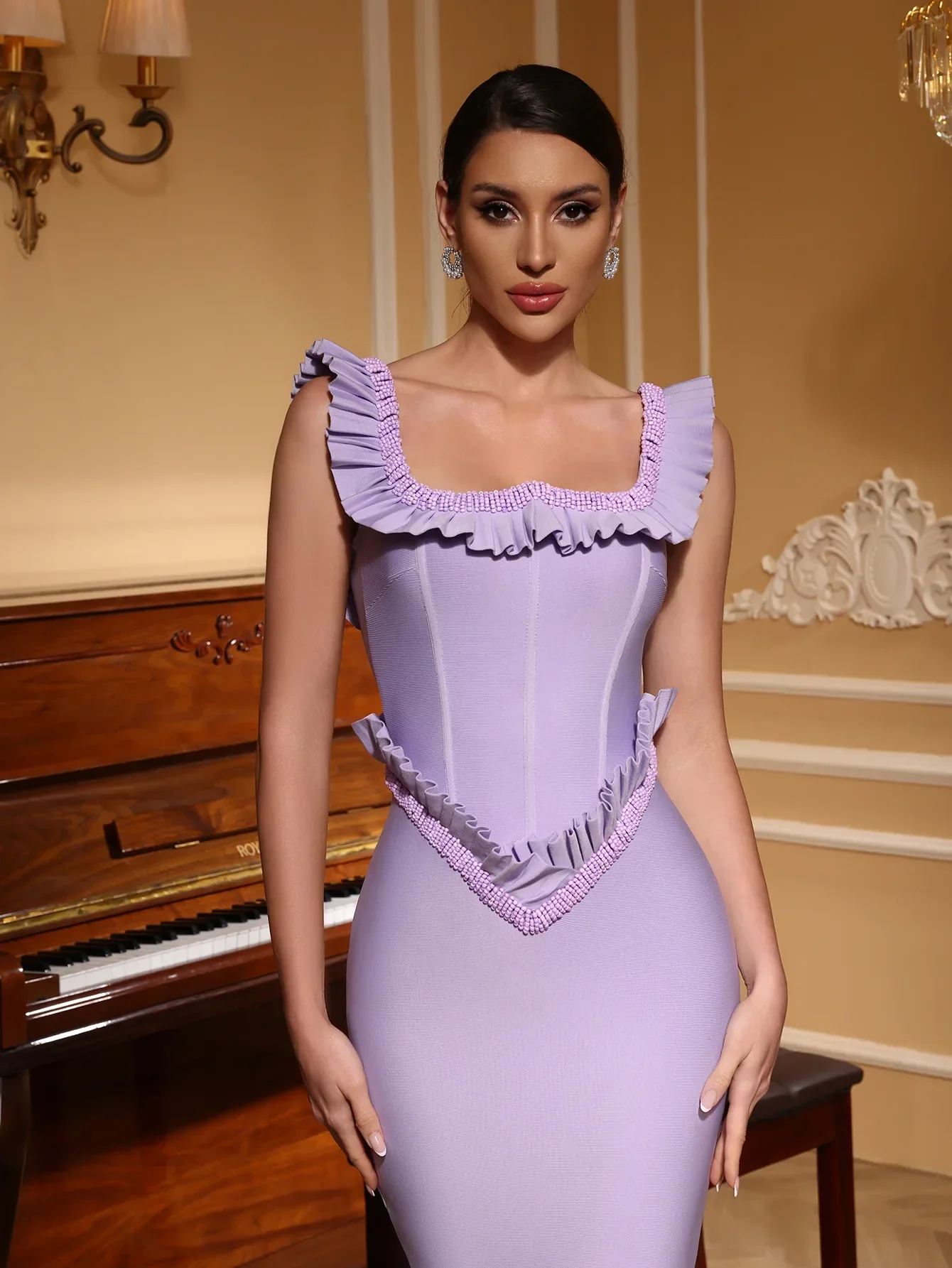 Purple Color Women Sleeveless Sexy Square Collar Ruffles Bodycon Long Bandage Dress Elegant Evening Party Cocktail Outfit - Image 3