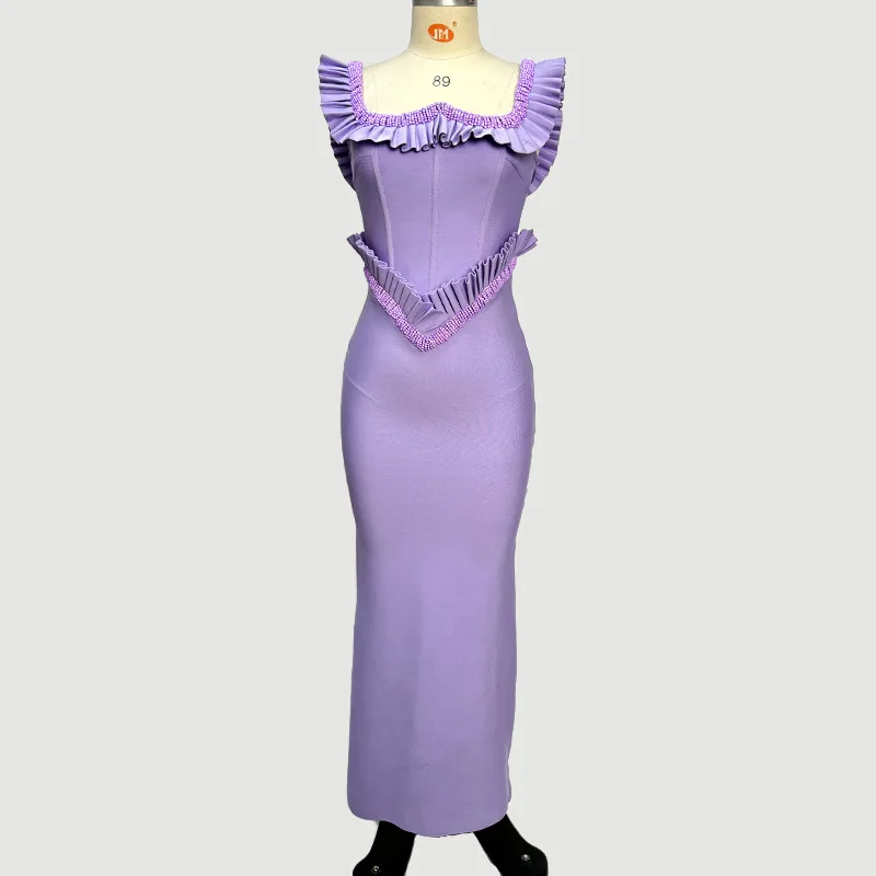 Purple Color Women Sleeveless Sexy Square Collar Ruffles Bodycon Long Bandage Dress Elegant Evening Party Cocktail Outfit - Image 5