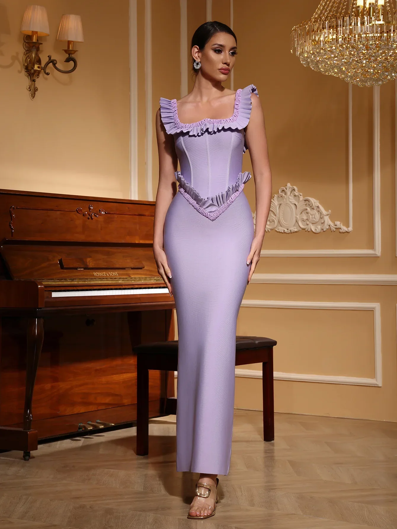 Purple Color Women Sleeveless Sexy Square Collar Ruffles Bodycon Long Bandage Dress Elegant Evening Party Cocktail Outfit - Image 6