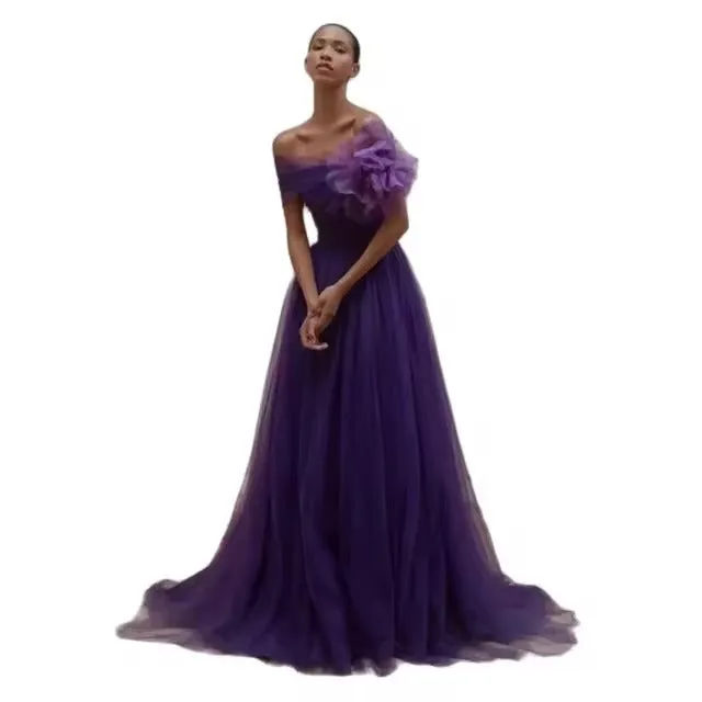 Purple Off Shoulder A-line Prom Dress Pleated Sheath Strapless Tulle vestidos de festa - Image 2