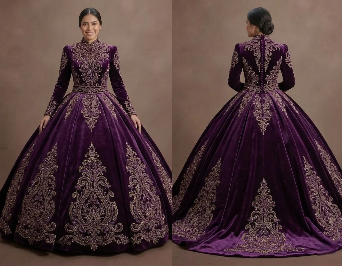 Purple Quinceañera Dress - Eggplant Velvet Formal Gown
