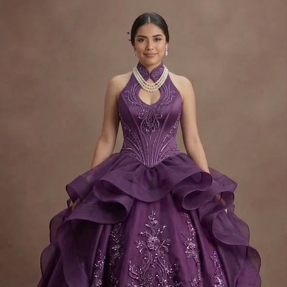 Purple Quinceañera Dress - High-Low Organza Skirt - Image 4