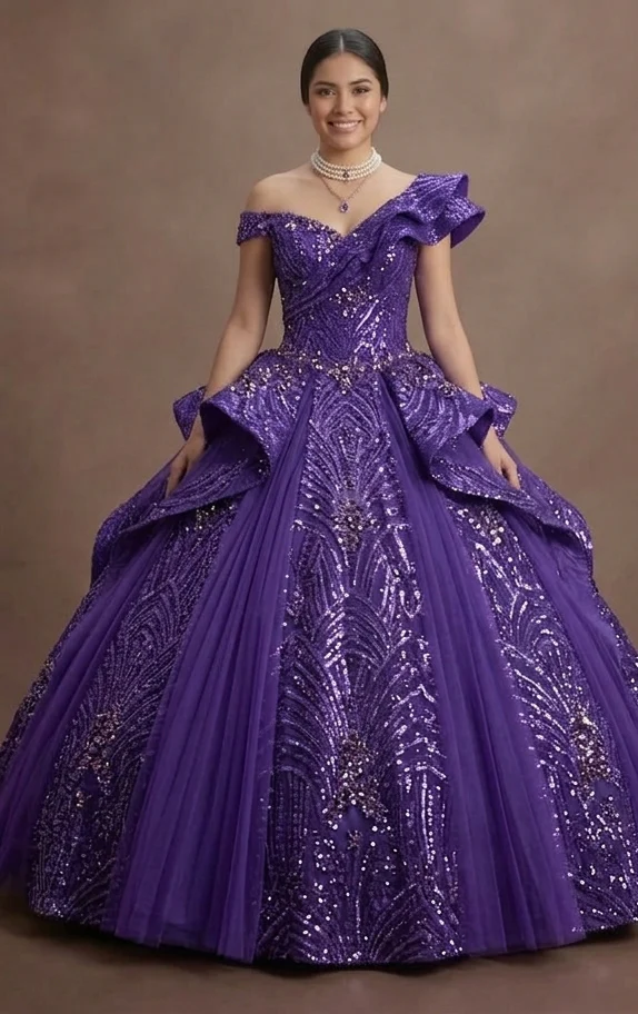 Purple Quinceañera Dress - Violet Sequin Sparkle Gown - Image 2