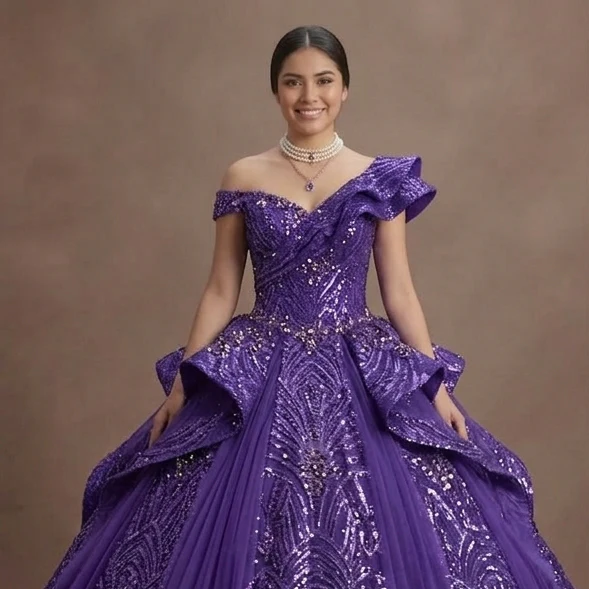 Purple Quinceañera Dress - Violet Sequin Sparkle Gown - Image 4