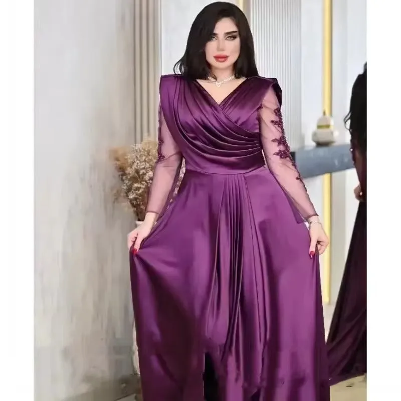 Satin robes de soirée V-neck Plus Size Lace Illusion Sleeves Prom Dresses Floor-length A-line Wedding Dress - Image 3