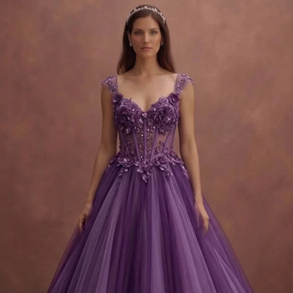 Purple Wedding Dress Ball Gown Tulle Princess Style - Image 4