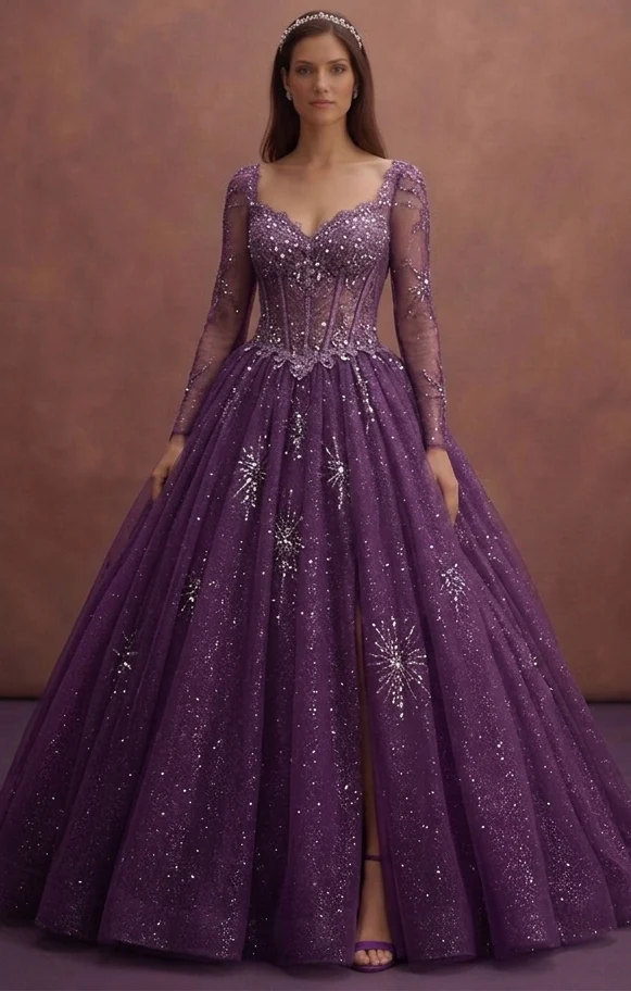 Purple Wedding Dress Ball Gown Tulle Sparkle Princess Dress - Image 2